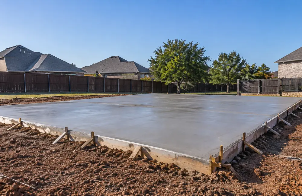 Clean concrete slab and driveway beside a home
