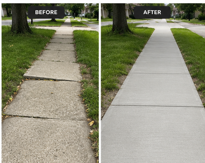 Concrete sidewalk and driveway in a residential neighborhood