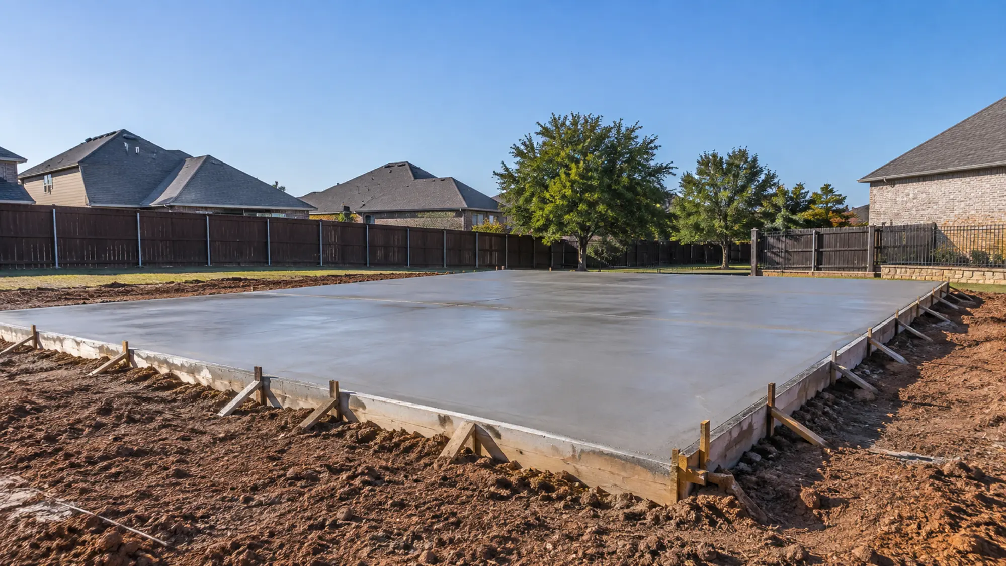 Clean concrete slab and driveway beside a home