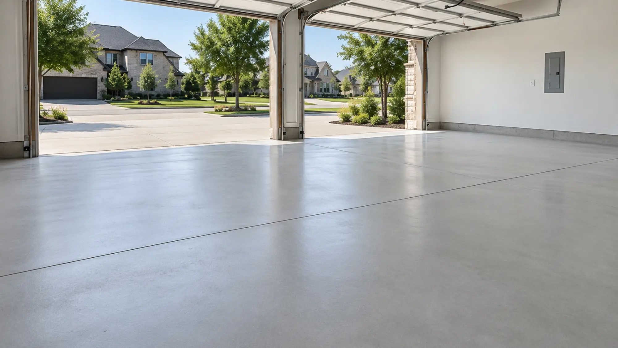 Clean concrete driveway leading to a residential garage