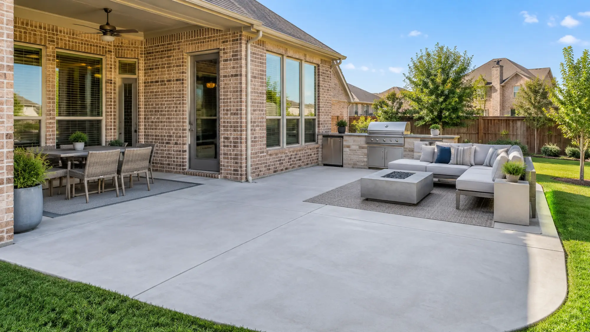 Inviting concrete patio behind a North Texas home