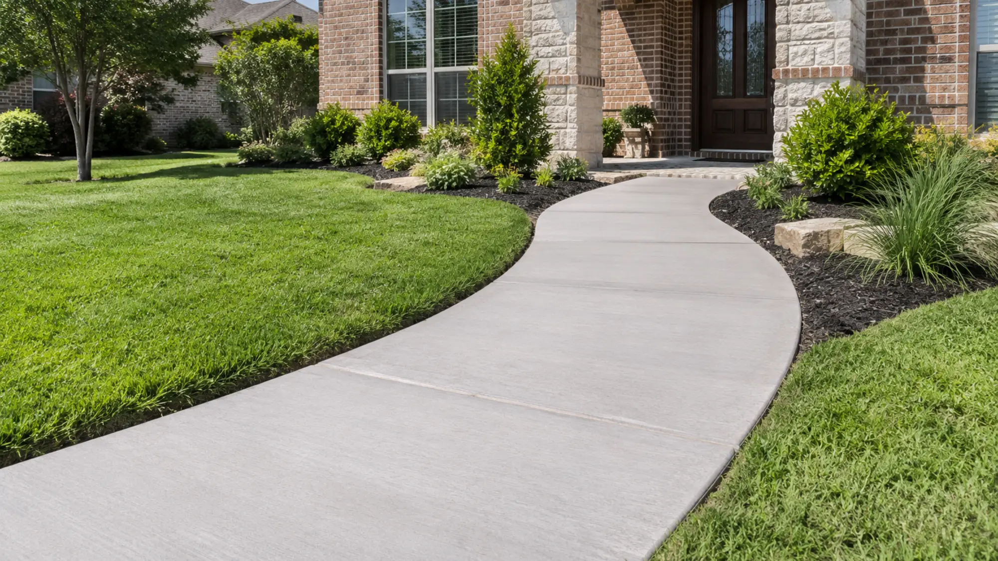 Concrete sidewalk and driveway in a residential neighborhood