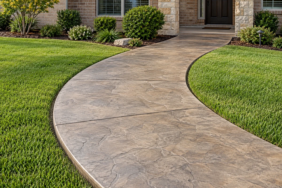 Illustration of a decorative stamped concrete walkway leading to a front entrance